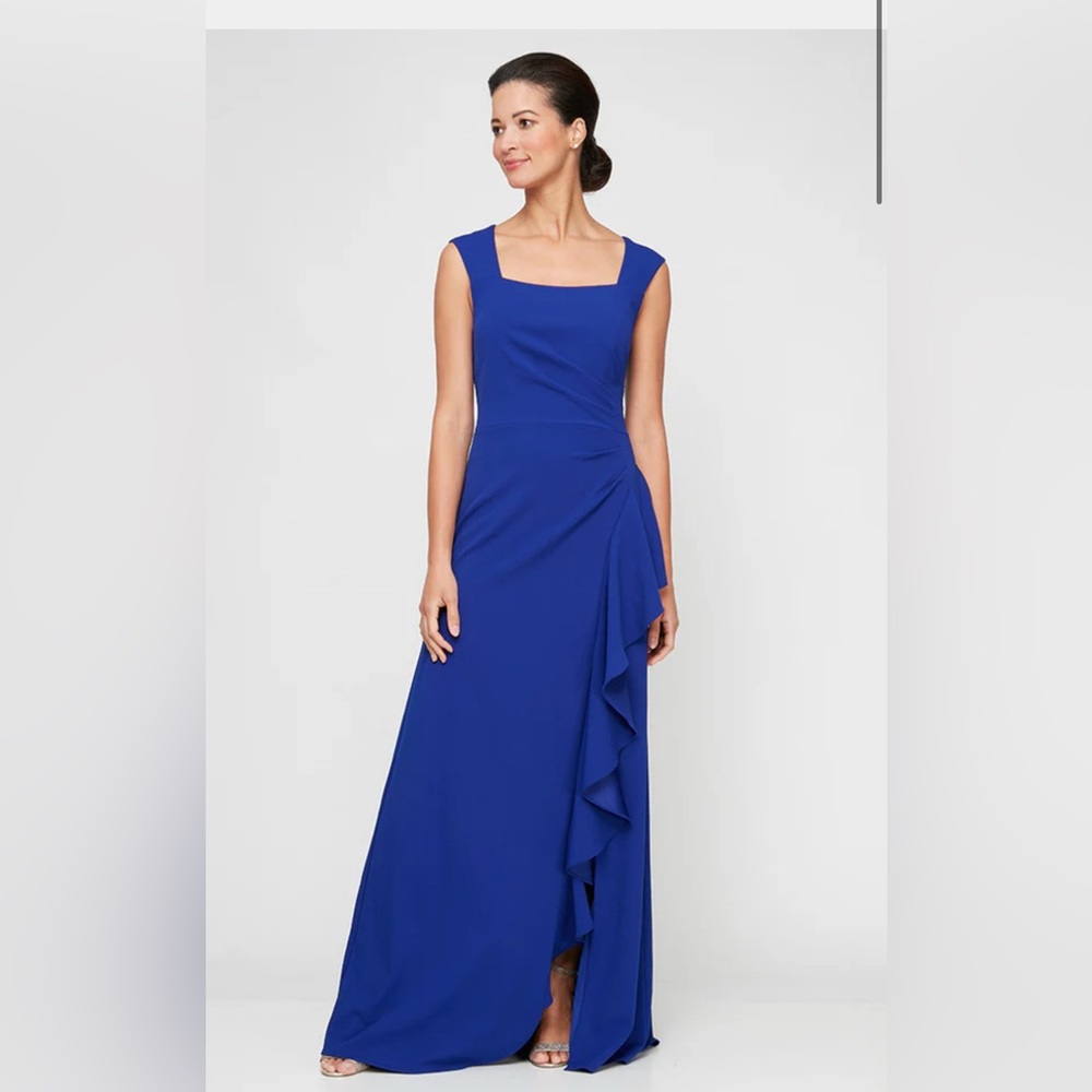 Square-Neck Royal Blue Maxi Dress with Side Ruffle